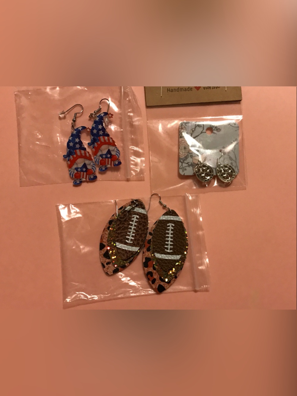 3 for 1 Price. Handmade Football, Americana Gnome & Horseshoe Clover Earrings